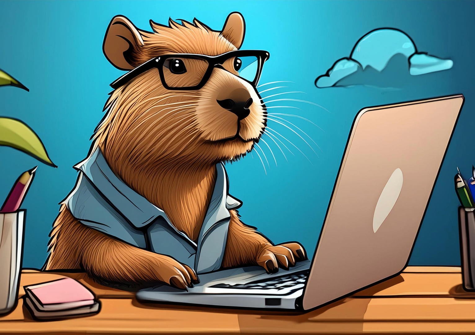 Capybara at his laptop, possibly doing some branding